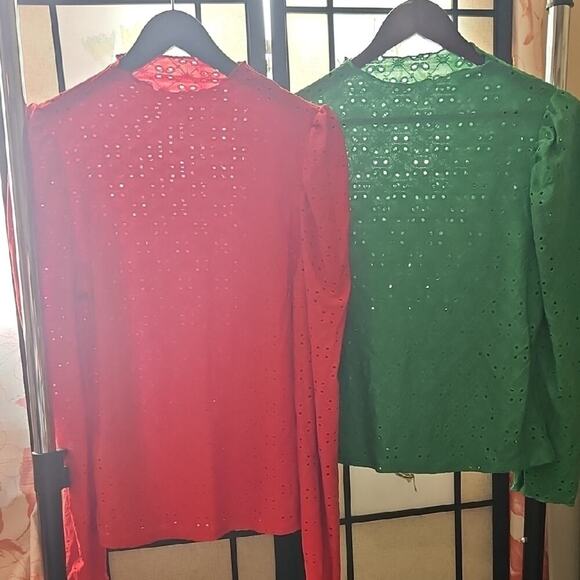 Source Unknown Tops - Emerald Green and Red Long Sleeve Blouses